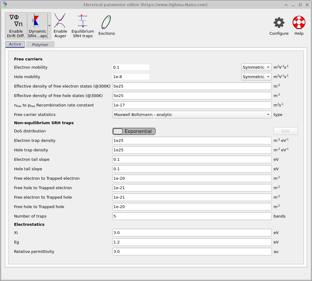 Electrical parameter editor for the Active phase (acceptor/matrix), showing carrier mobilities and SRH trap settings.