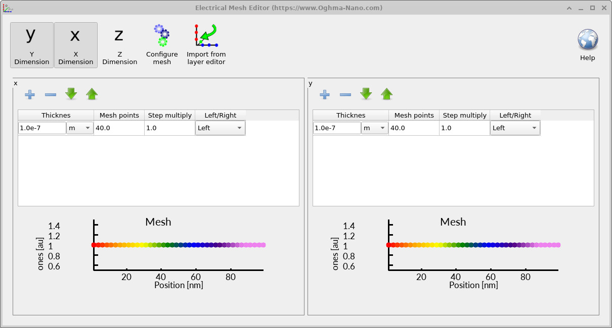 Electrical mesh editor showing a 40 by 40 mesh in the XY plane.