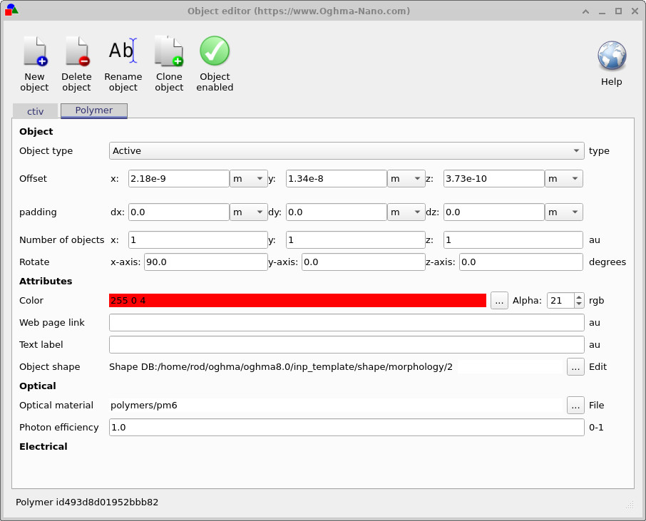 Object editor for the Polymer object showing a Shape DB reference to a complex morphology mesh.