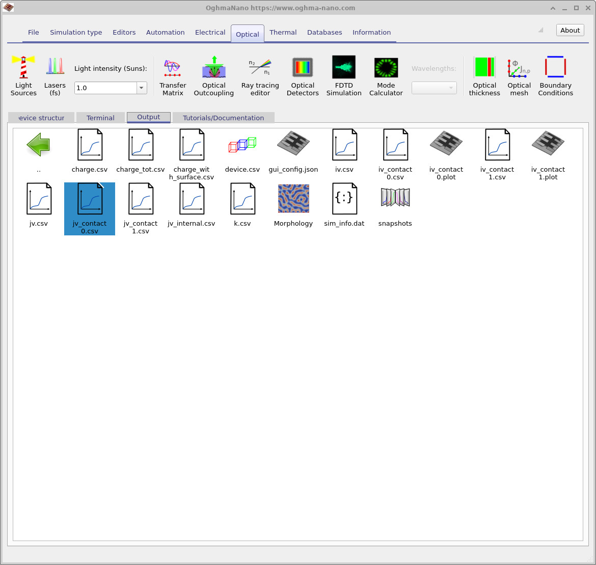 Output tab showing generated files including device.csv, jv_contact_0.csv, jv_contact_1.csv, snapshots folder, and sim_info.dat.