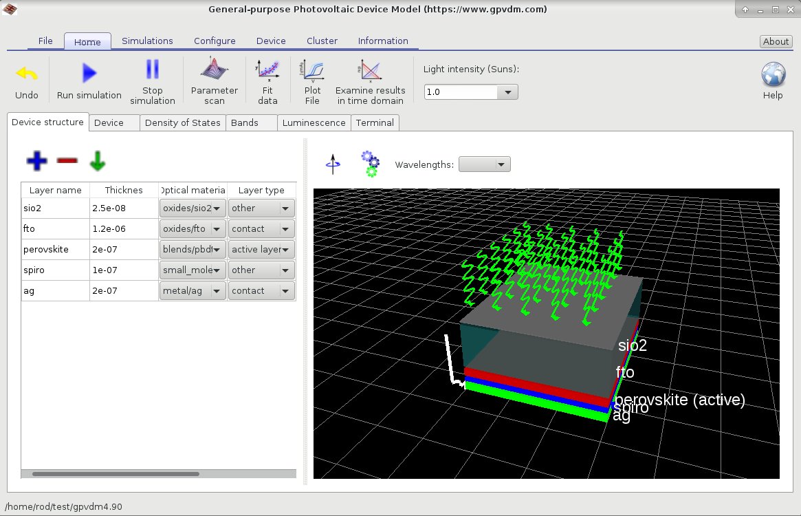 Screenshot of OghmaNano simulation window with 3D acceleration: shaded, perspective view of the device
