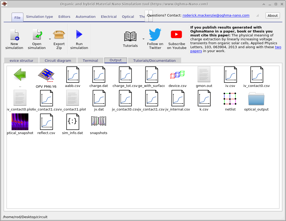 OghmaNano output tab showing the results of a circuit simulation, presented in the same format as drift–diffusion simulations.
