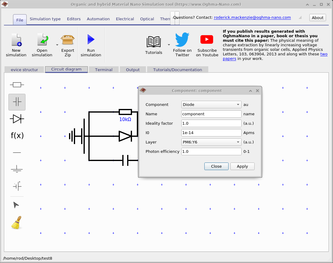 OghmaNano circuit editor showing a diode-based solar cell equivalent circuit with the component properties window open.