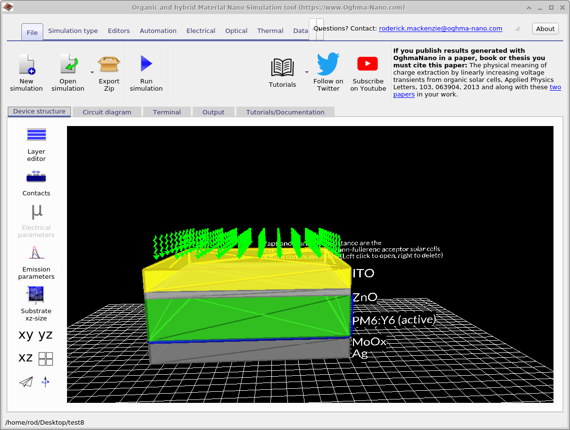 OghmaNano main simulation window after creating a new simple circuit simulation.