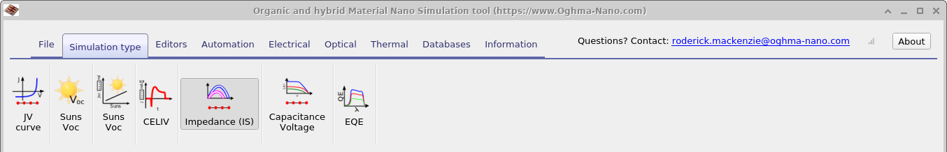 OghmaNano simulation editor showing the mode set to Impedance Spectroscopy (IS).