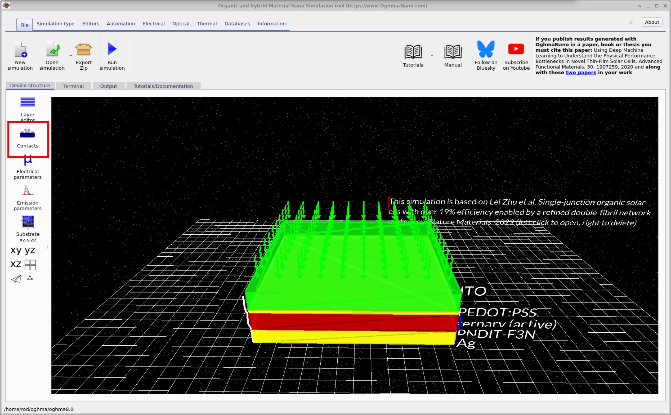 Main simulation window showing the 3D device structure and toolbar. The Contacts editor can be opened by clicking the Contacts button in the main window toolbar on the left.