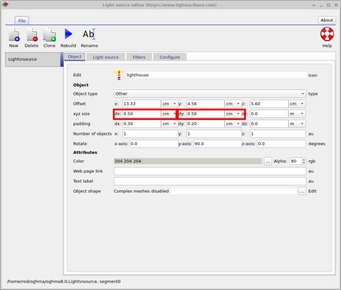 Light source editor where dx and dy are set to 0.5 cm.
