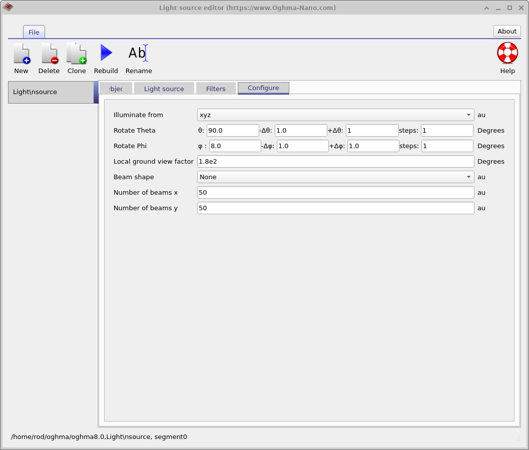 Light source configure tab showing Rotate Phi set to 8 degrees.
