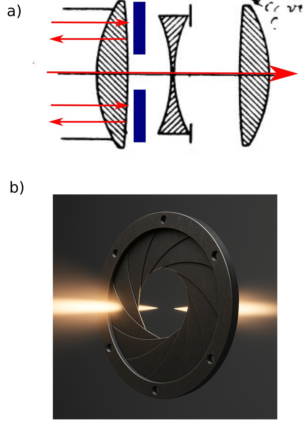 Cooke Triplet with aperture stop placed behind the first element, shown schematically and as a 3D iris diaphragm.