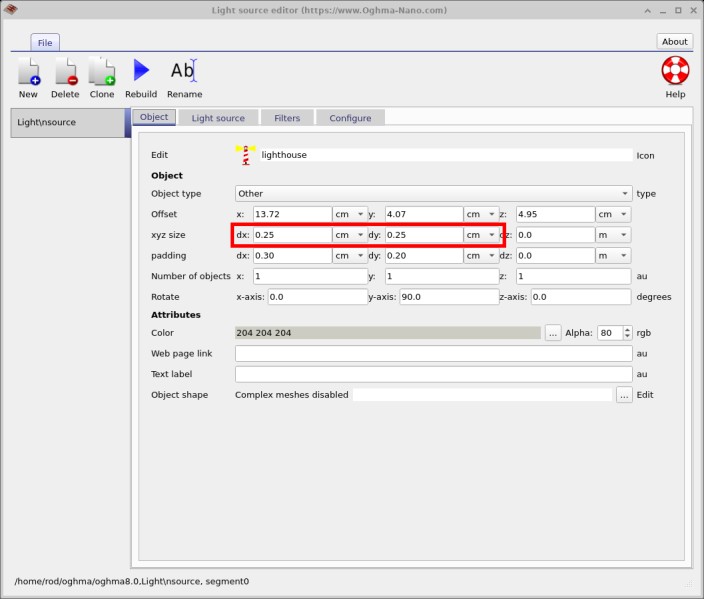 Light source editor showing XYZ size parameters.