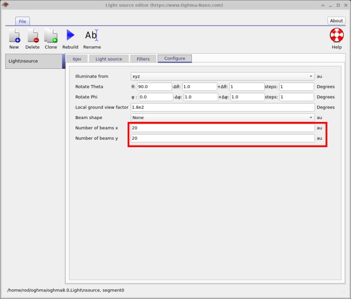 Light source editor configure tab showing the number of beams.