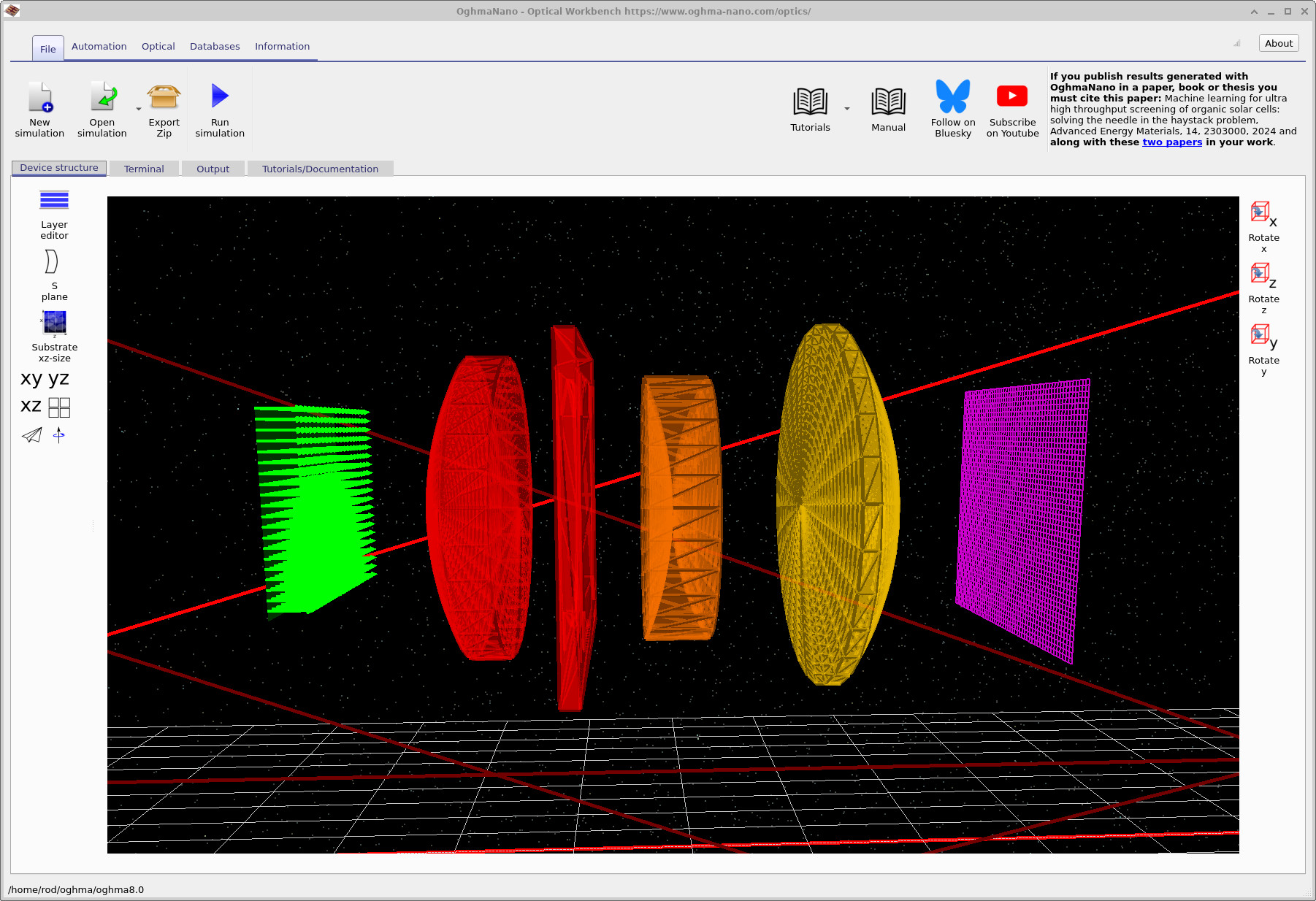 Optical Workbench main window showing the Cooke Triplet lenses, source and detector.