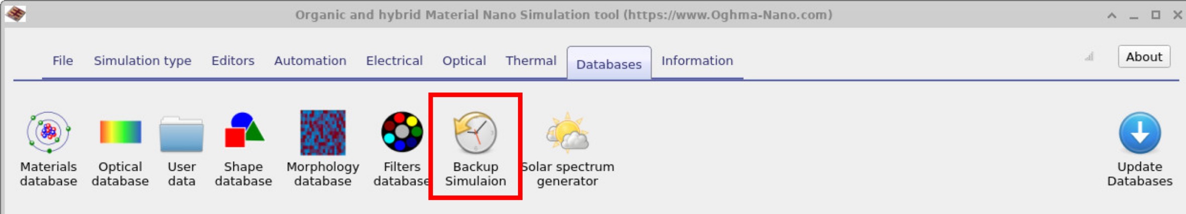 OghmaNano Databases ribbon with the Backup Simulation button highlighted.