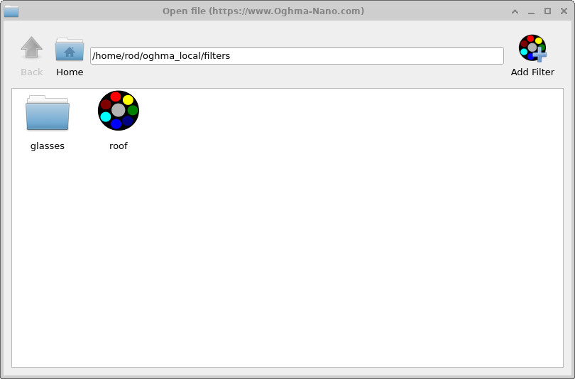 OghmaNano file manager window showing the filters directory with available filter entries.