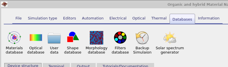 OghmaNano databases ribbon with the Filters database icon visible.