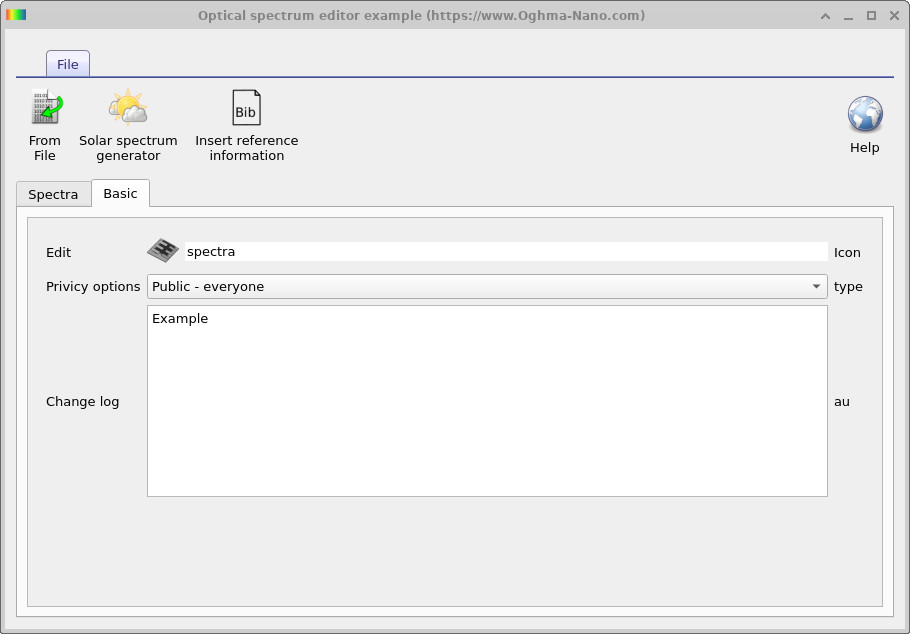 OghmaNano optical spectrum editor showing the Basic tab with metadata fields including privacy options and description.
