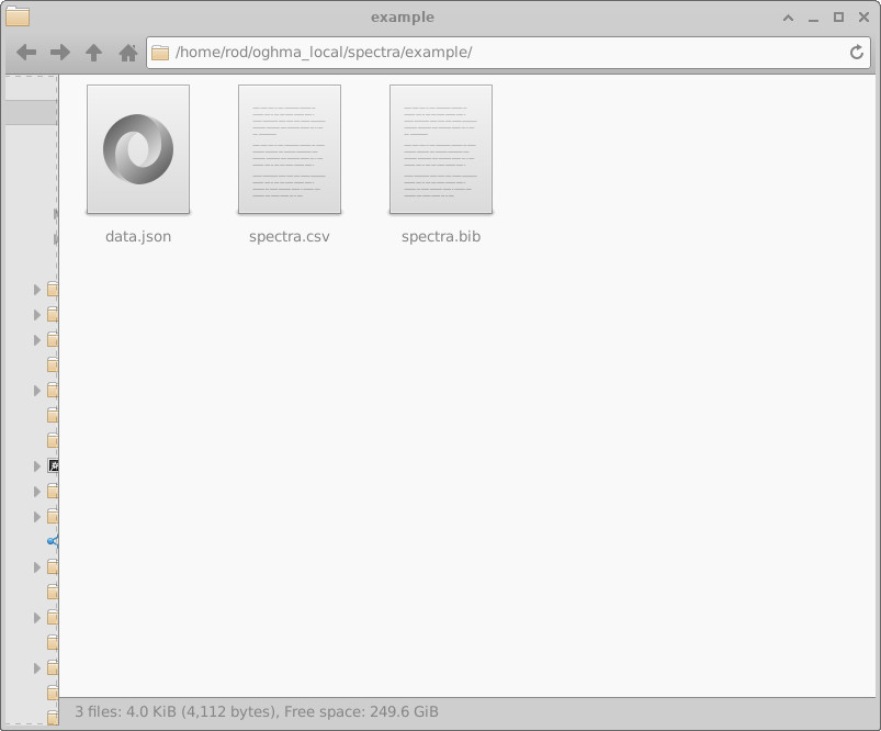 File browser window showing the Oghma local spectra directory with JSON, CSV, and bibliography files.