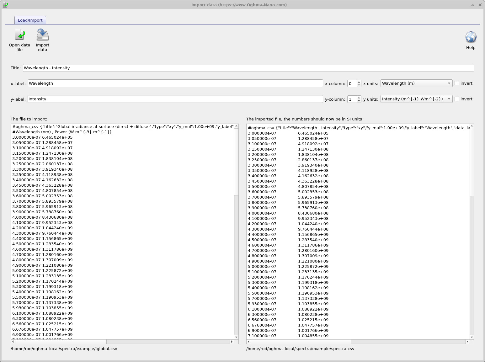 OghmaNano data import window showing wavelength–intensity data being mapped to SI units.
