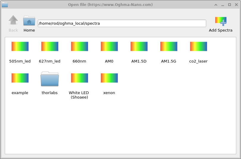 OghmaNano window showing the Optical database directory with available spectra entries.