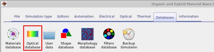 OghmaNano Databases ribbon with the Optical database icon highlighted.