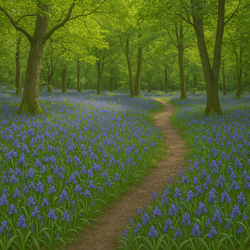 Woodland scene with a path through bluebells.
