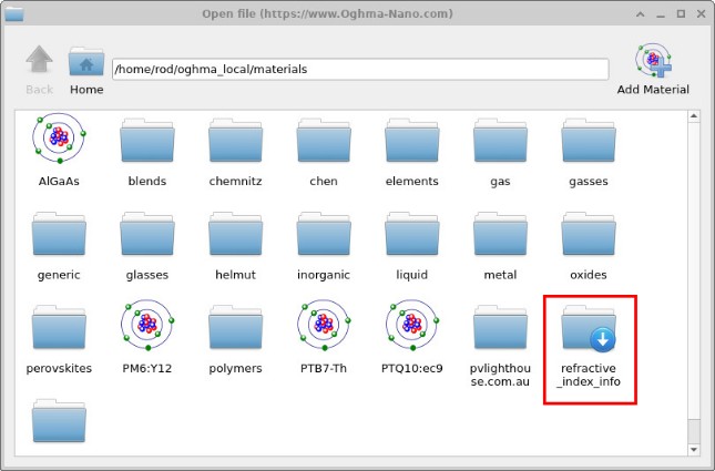 OghmaNano file manager showing the refractive_index_info directory among the materials folders.