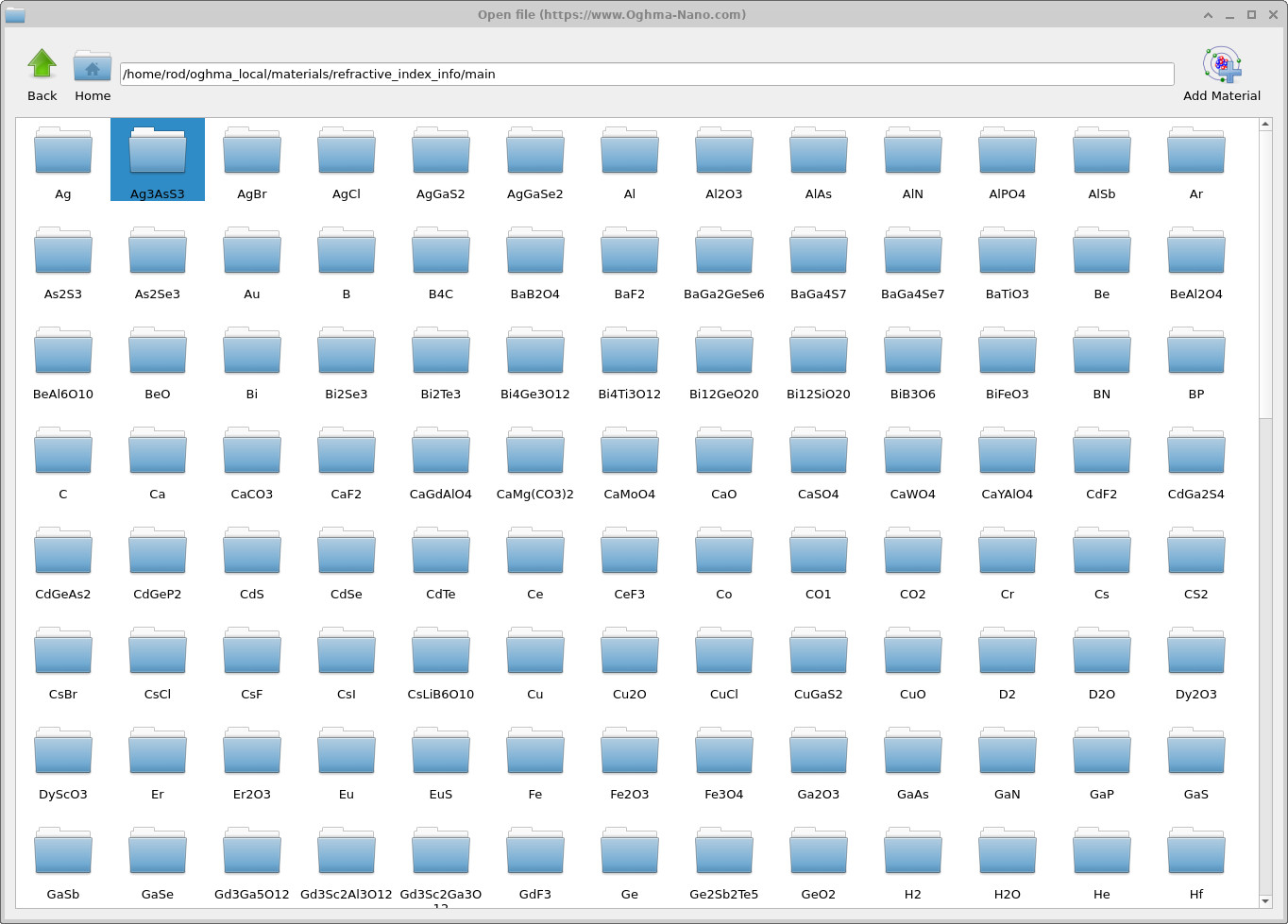 OghmaNano file manager window showing hundreds of material folders from refractiveindex.info.