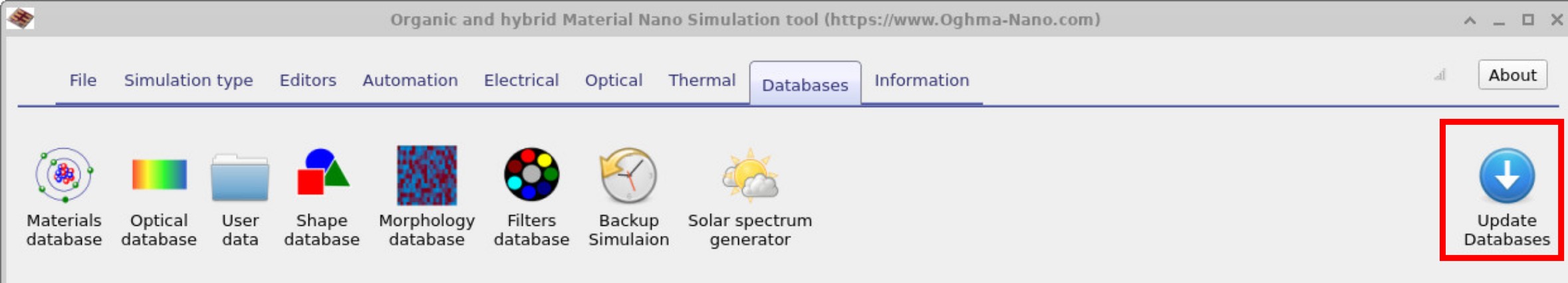 OghmaNano database ribbon with the Update Databases button highlighted.