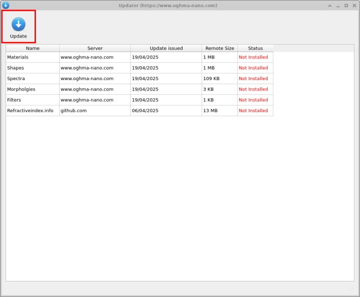 OghmaNano update window showing database items with status Not Installed.