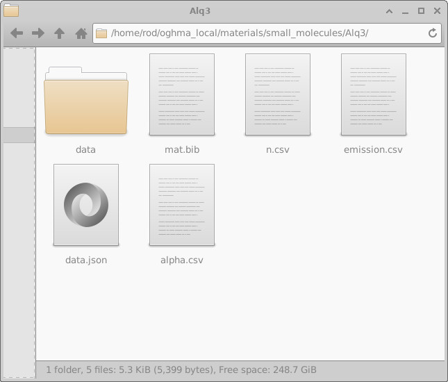 Screenshot of the Alq3 material folder in small_molecules, showing files such as alpha.csv, n.csv, emission.csv, and data.json.