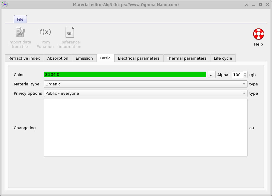 OghmaNano Material editor showing basic parameters including material color, type, privacy options, and change log
