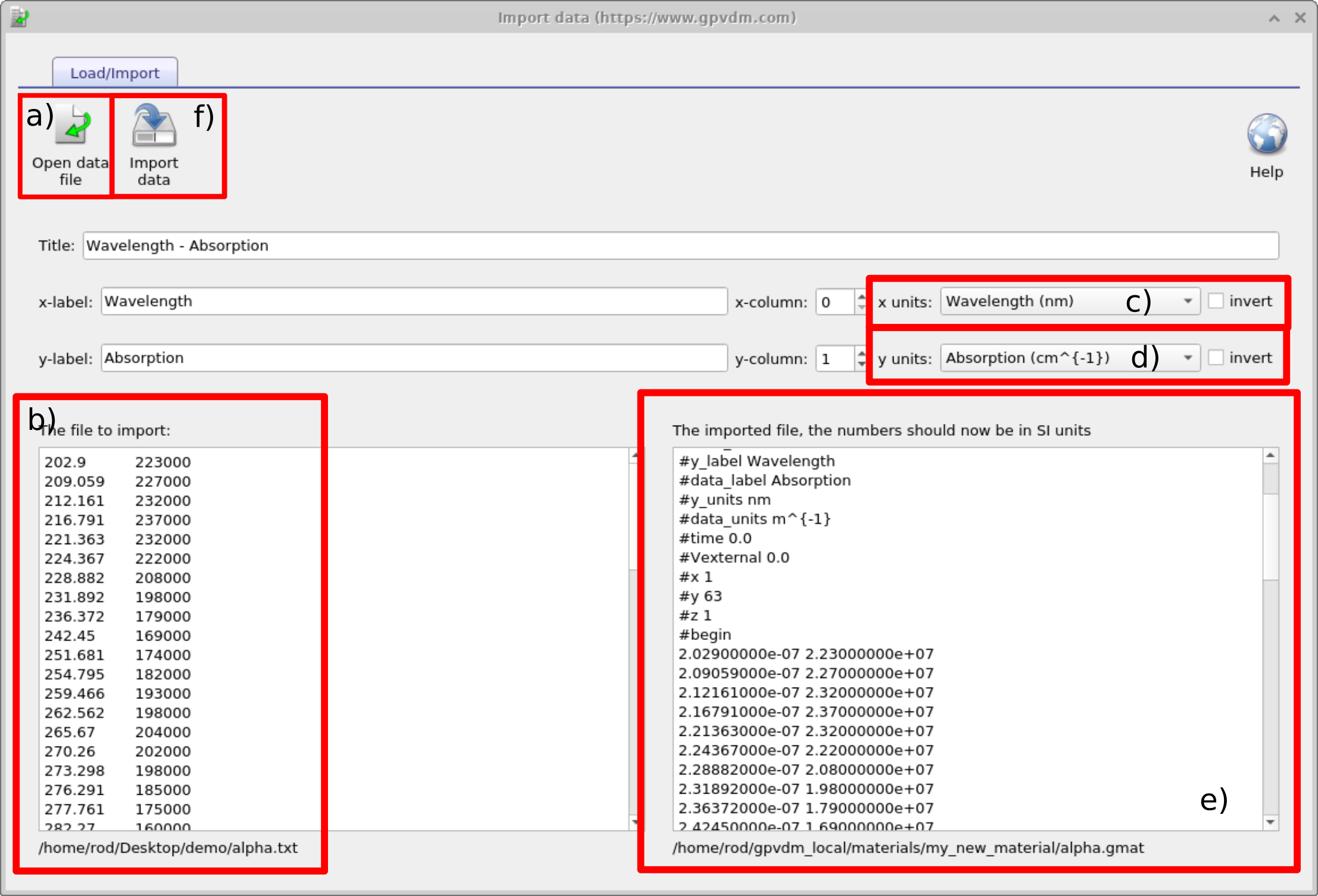 OghmaNano data importer window showing steps to import material data with labelled regions a) to f)