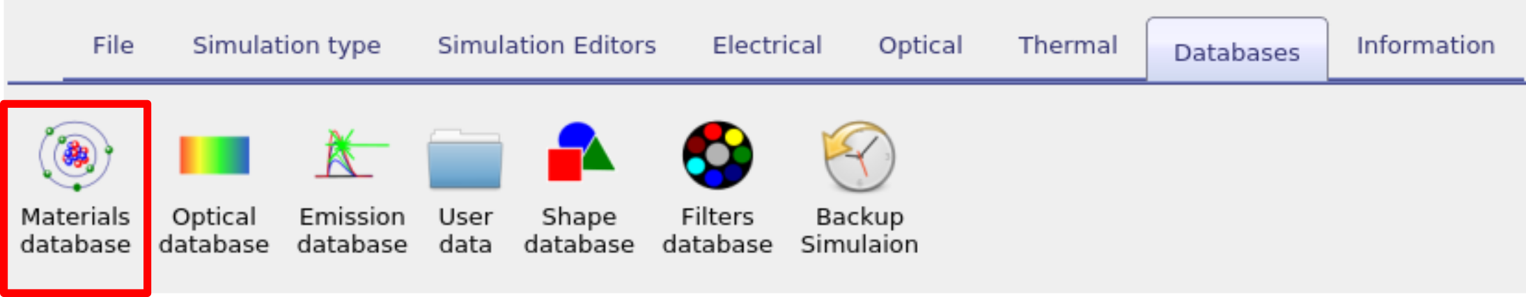 Databases ribbon in OghmaNano with the Materials database icon highlighted—the entry point for opening the materials database