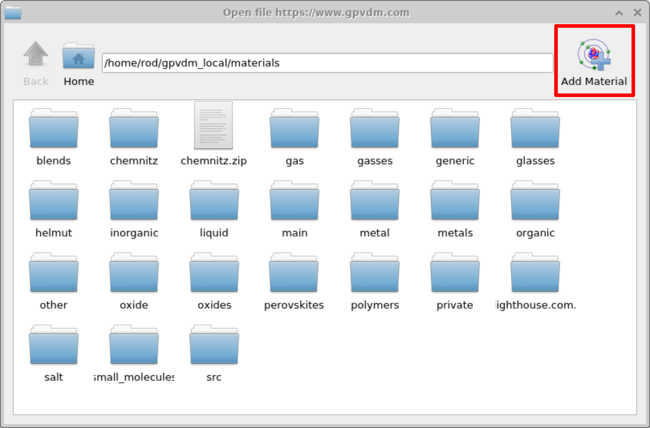 OghmaNano Materials database window showing the Add Material button highlighted