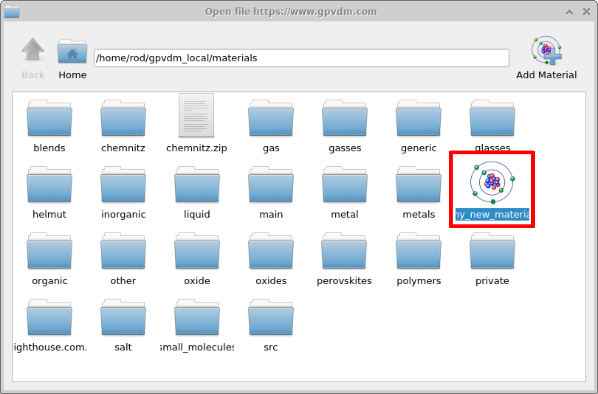 OghmaNano Materials database window showing the newly created material 'my_new_material' highlighted in red