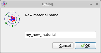 Dialog window in OghmaNano prompting for a new material name, with example 'my_new_material'