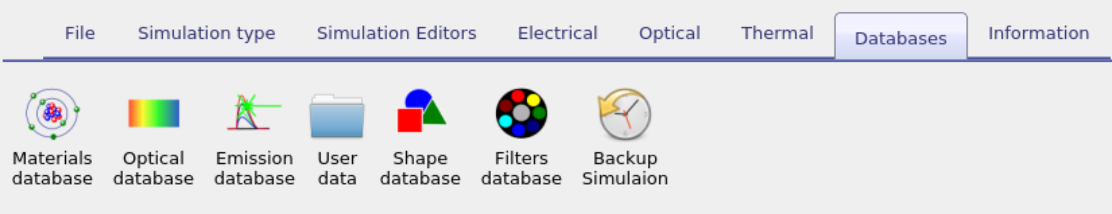 OghmaNano interface showing the Databases ribbon with icons for Materials, Optical, Emission, User data, Shape, Filters, and Backup simulations