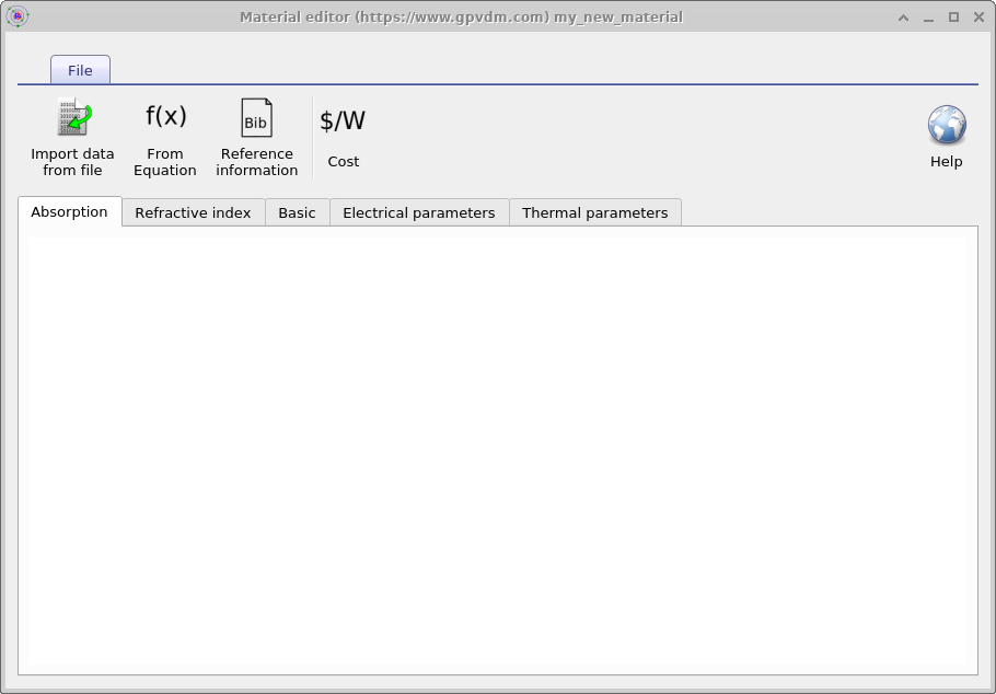OghmaNano Material editor window for a newly created material, showing empty data tabs for Absorption, Refractive index, Basic, Electrical parameters, and Thermal parameters