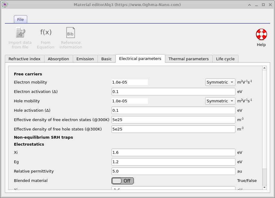 OghmaNano Material editor showing stored electrical parameters for the material. These are reference values and not directly used in simulation.