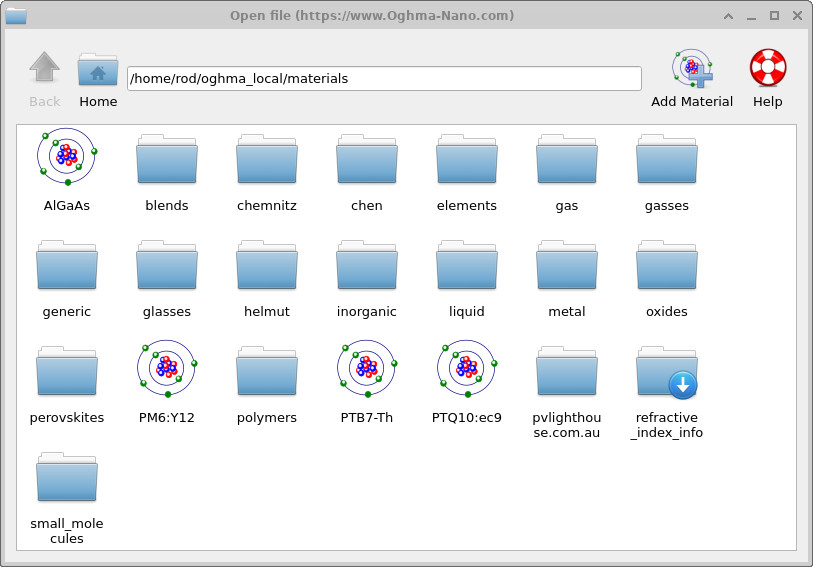 Initial Materials database browser view showing top-level material categories, address bar, Add Material, and Help buttons