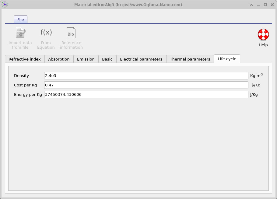 OghmaNano Material editor showing life cycle parameters including density, cost per kilogram, and energy per kilogram