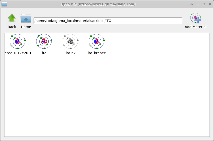 OghmaNano Materials database showing a greyed-out .nk file entry, indicating wavelength/n/k data in a non-native format