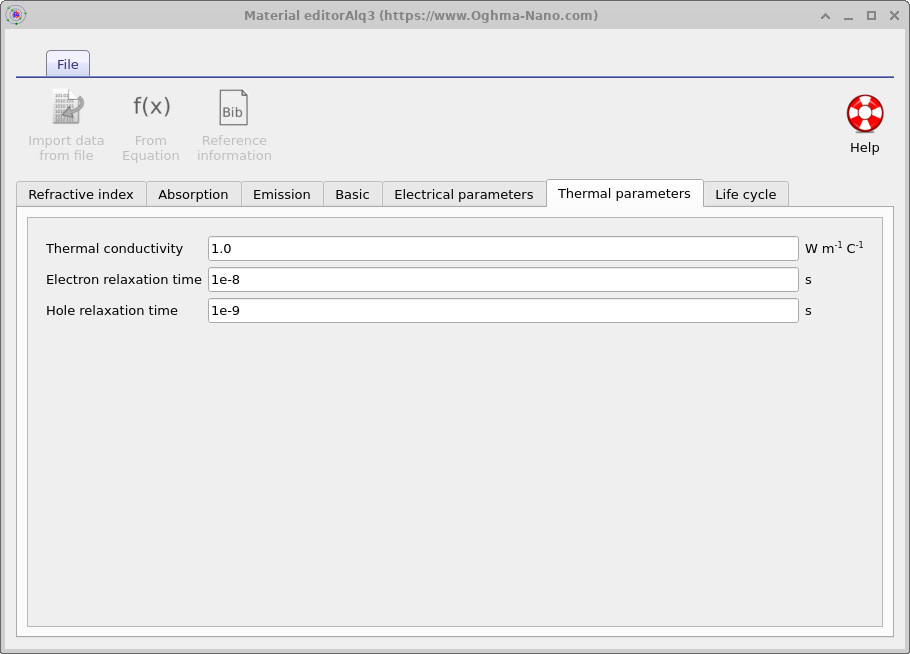 OghmaNano Material editor showing thermal parameters such as conductivity and carrier relaxation times