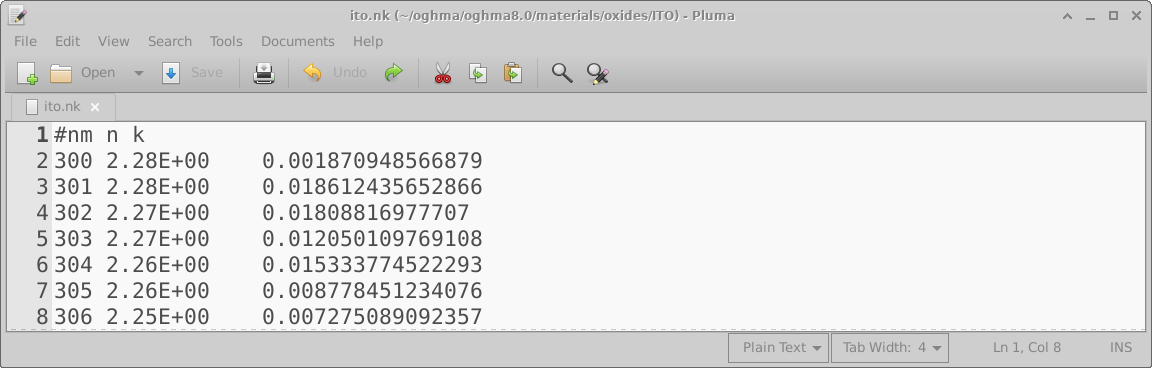 Example of a wavelength/n/k data file format used in OghmaNano, showing columns for wavelength (nm), refractive index (n), and extinction coefficient (k)