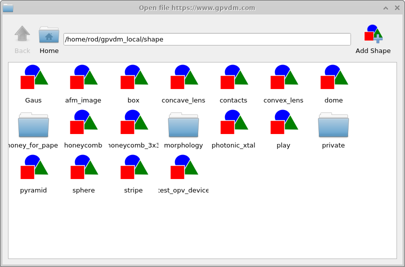 The Shape Database window listing available shapes.