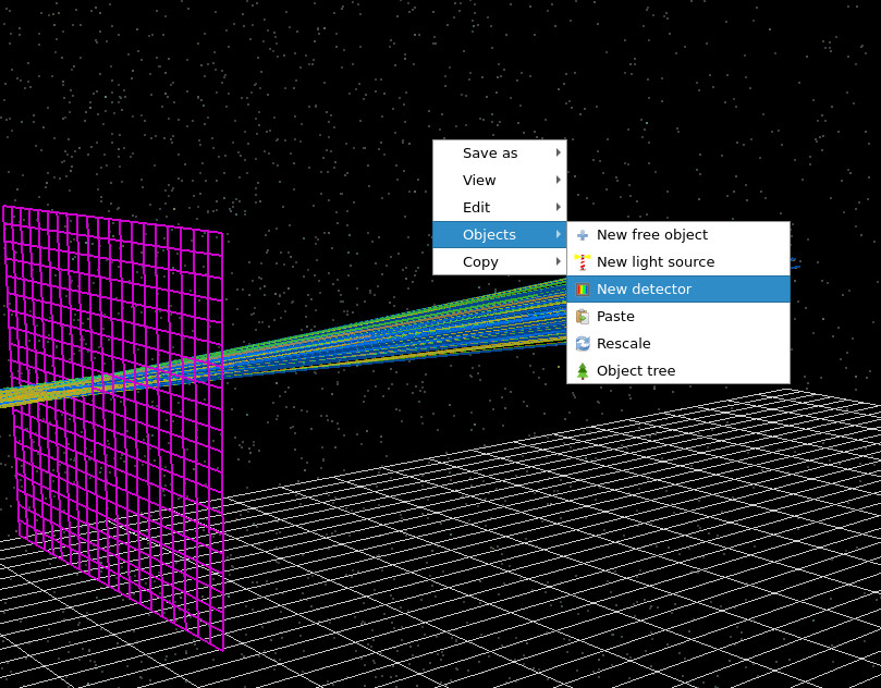 Right-click menu in the 3D scene showing New Detector option