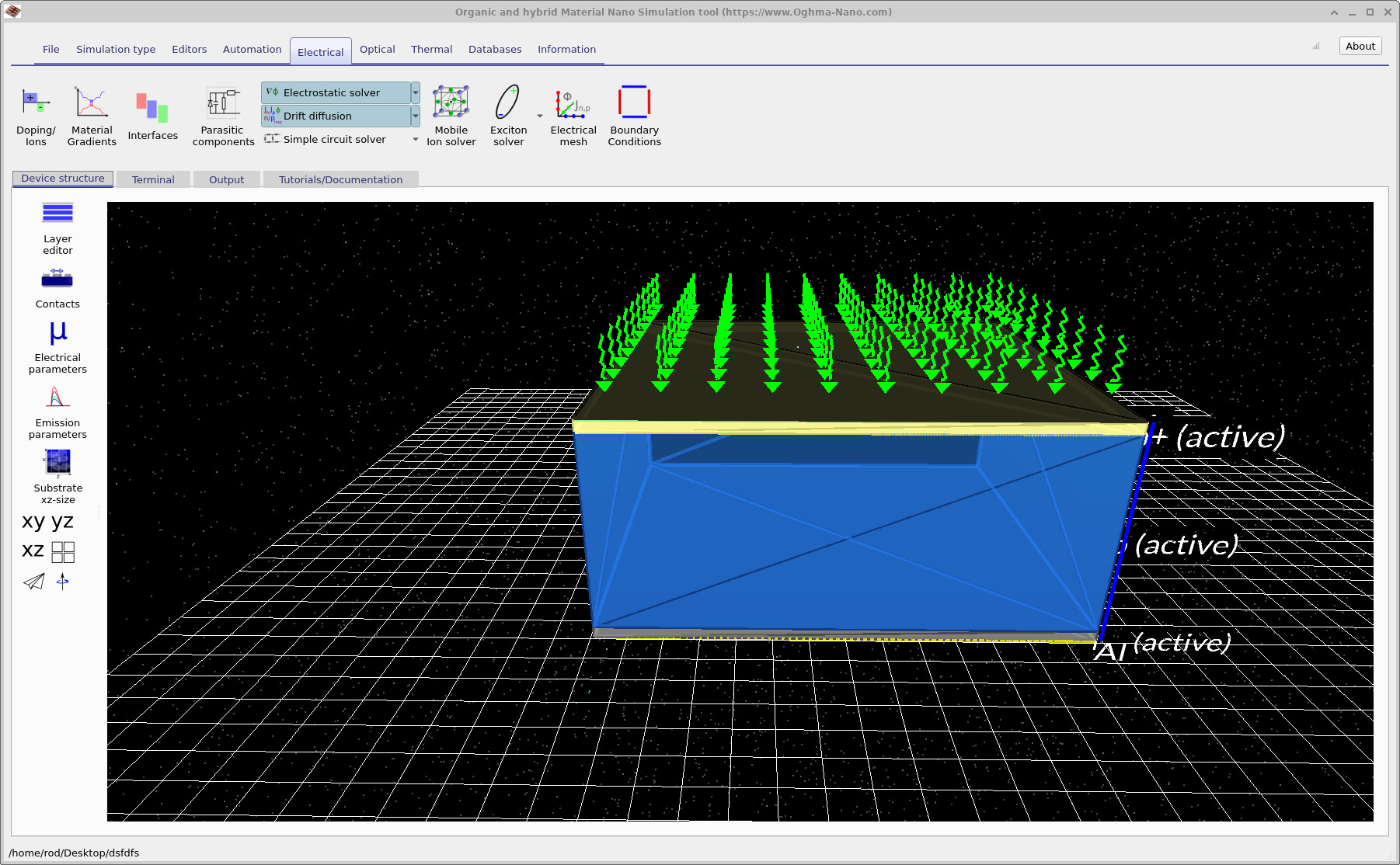 OghmaNano main window with the Electrical ribbon highlighting the Doping/Ions icon.