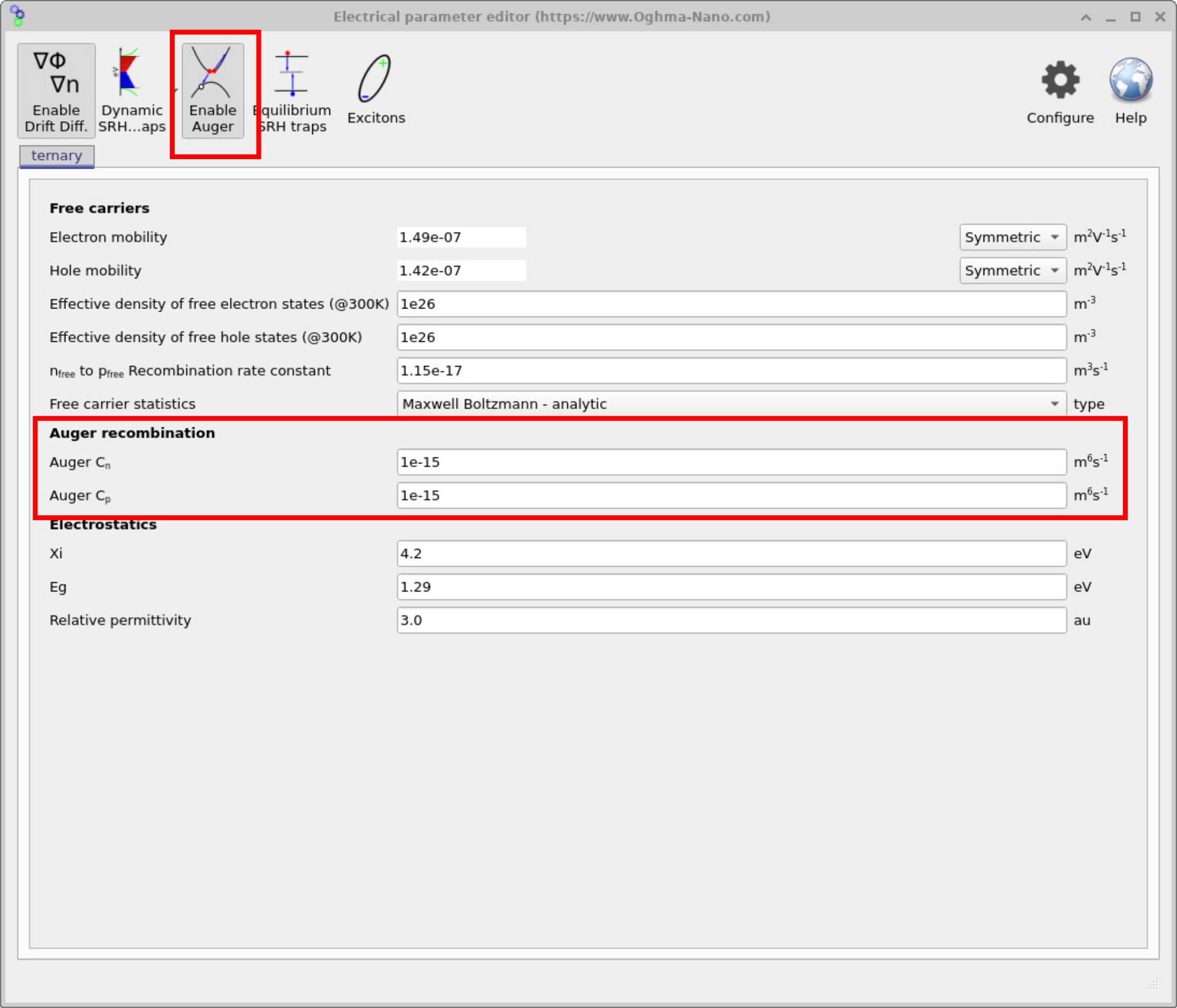 Electrical parameter editor showing recombination controls; the Auger toggle is enabled.