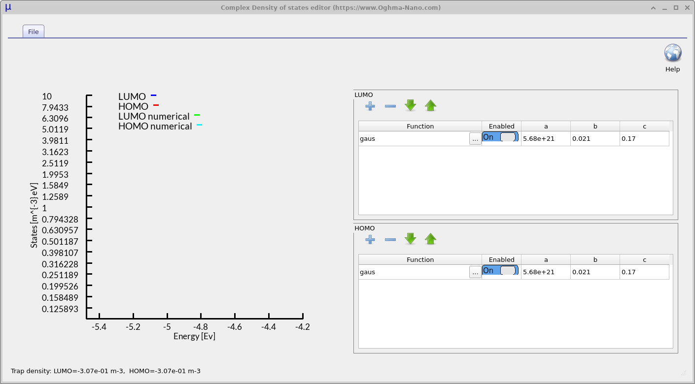 Complex density of states editor showing user-defined mathematical functions that describe the HOMO and LUMO distributions.