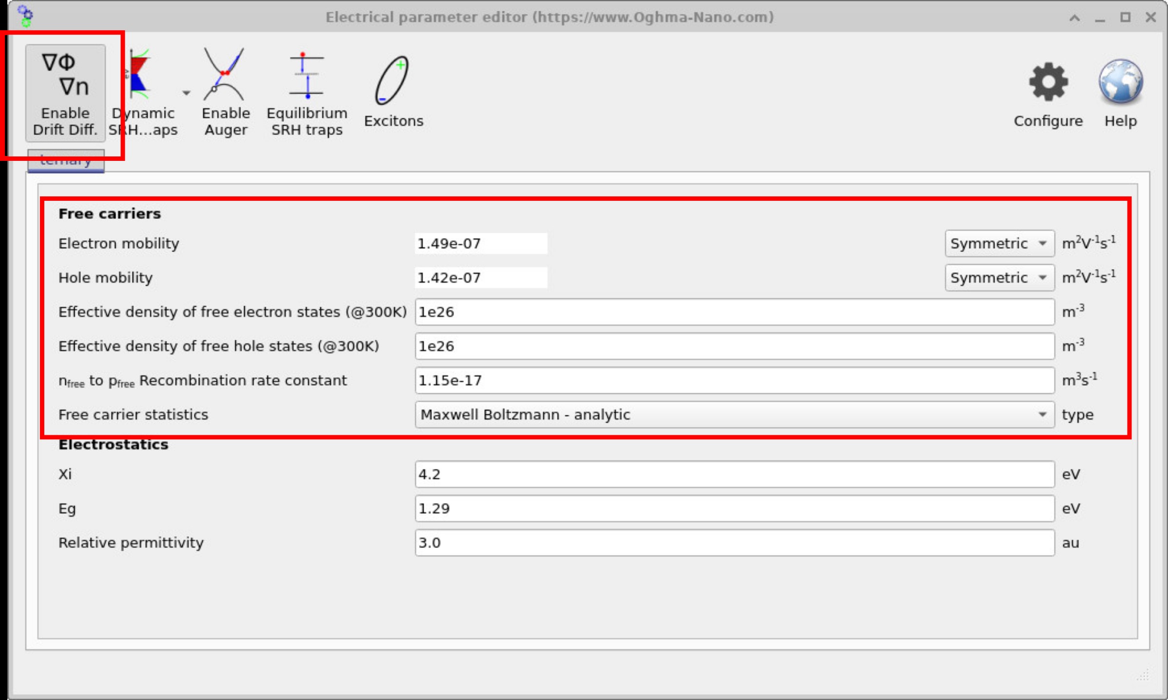 Electrical parameter editor window with the Drift Diffusion button pressed, showing additional fields for carrier mobilities, densities of states, and recombination constants.